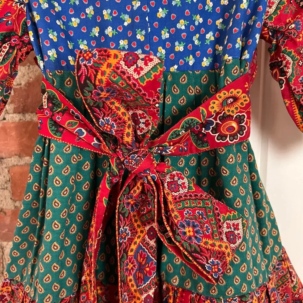 Vintage 70s Girls Prairie Dress Patchwork Floral‎ Cottagecore Folk Red Green 3T
